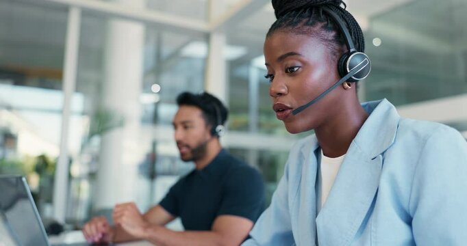 Call center, outbound and business woman in office for loan, debt collection and coworking. Contact us, consultant speaking and communication with headset for banking, overdue payment and finance