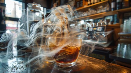 An artistic representation of coffee in a glass with swirling smoke around it, symbolizing warmth, comfort, and the rich sensory experience of enjoying a perfect brew.