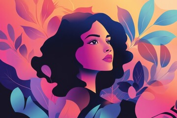 Colorful illustration of a woman with curly hair surrounded by vibrant leaves, showcasing beauty and nature, representing harmony and connection with the environment
