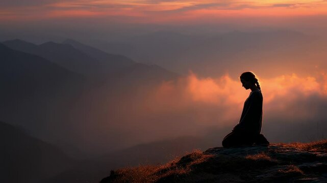Concept photo of a person kneeling on a mountaintop, their eyes closed in reverence as they meditate on the wonders of their faith and the natural world around them.