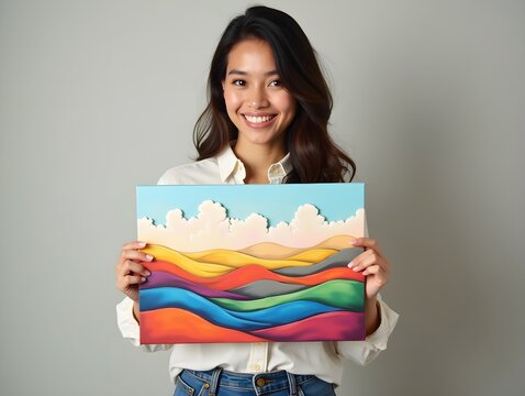 Woman holding colorful abstract landscape painting with hills and clouds smiling illustration