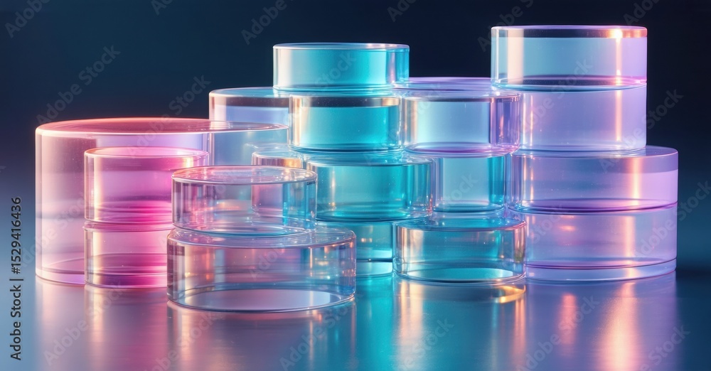 Poster stacked translucent cylinders, vibrant colors, glossy surface, modern design. reflective base create
