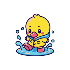 Cute cartoon duck in raincoat splashing water joyfully