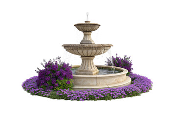 Classical stone fountain with tiered design surrounded by purple flowering plants in circular arrangement, isolated on a transparent background