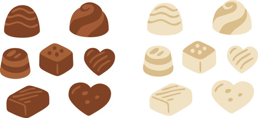 Set of chocolate candies. Dark and white chocolate candies. Vector illustration.