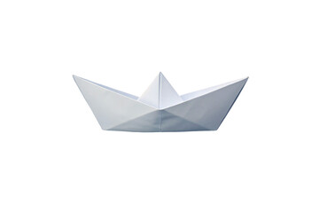 Blue paper boat origami craft folded from single sheet, simple geometric design with clean sharp edges, isolated on a transparent background