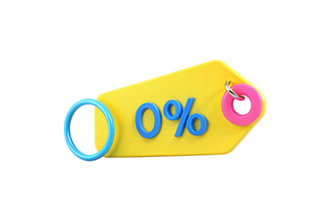 Yellow price tag with blue "0%" text and colorful rings, retail discount label for promotional marketing campaigns, isolated on a transparent background