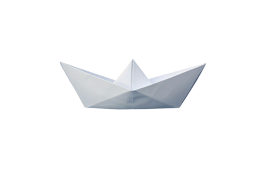 Blue paper boat origami craft folded from single sheet, simple geometric design with clean sharp edges, isolated on a transparent background