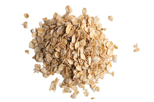 The photo of dry oatmeal scattering on white background, high resolution image take photo from 45MP camera.