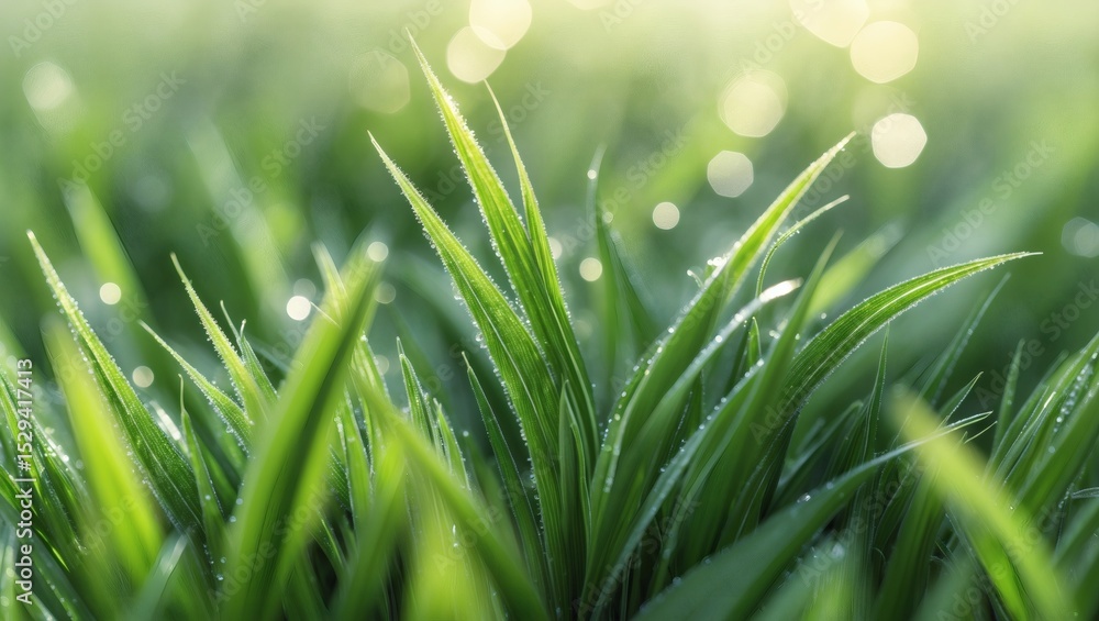 Poster a close-up shot of vibrant green grass blades with morning dew drops. the sun's rays create a beauti