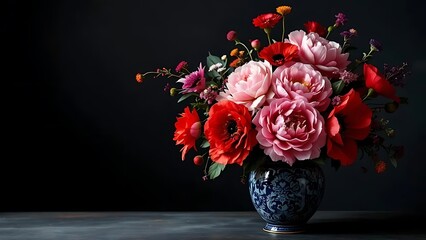 Fototapeta premium Photorealistic floral arrangement in a blue and black porcelain vase with pink peonies, ranunculus, and red poppies. Dark academia mood with chiaroscuro lighting and elegant negative space