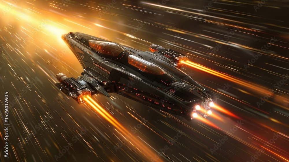 Poster an action-packed depiction of a sleek spaceship navigating through the cosmos, emphasizing speed and