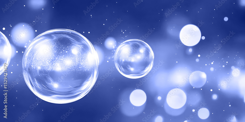 Poster bubbles floating in dreamy luminous  blue background, creating a serene atmosphere with soft light r