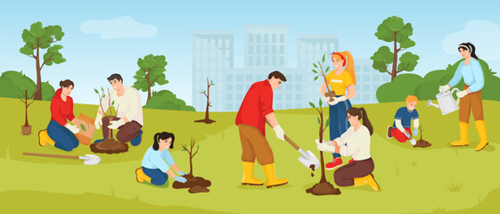 People of all ages working together to plant trees in green park with cityscape background, flat cartoon style. Concept of environmental care. Vector illustration