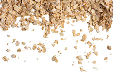 The photo of dry oatmeal scattering on white background, high resolution image take photo from 45MP camera.