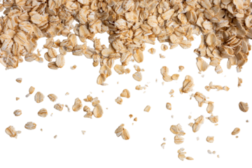 The photo of dry oatmeal scattering on white background, high resolution image take photo from 45MP camera.