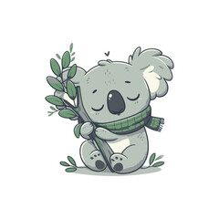 Cute cartoon koala hugging a branch in a serene pose