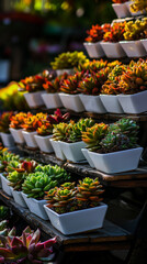 Colorful Succulent Plants in White Ceramic Pots on Tiered Wooden Shelves
