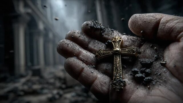 A hand holds a golden cross amidst rubble in a forsaken setting. Dark surroundings hint at a powerful event but faith remains strong, showcasing resilience and hope among ruins
