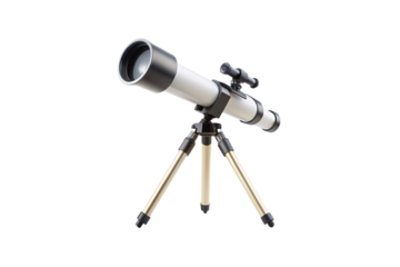 White telescope with black accents on golden tripod, equipped with finder scope for professional astronomical viewing experiences, isolated on a transparent background