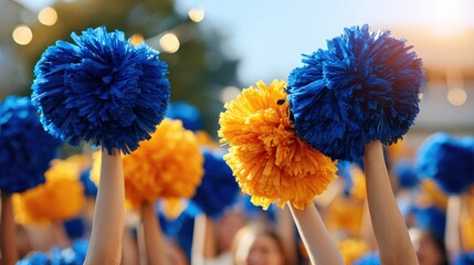 Cheerleaders hold up vibrant blue and yellow pom-poms in a lively outdoor sports event with bright sunlight and blurred crowd background.