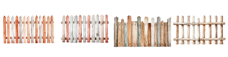 A rustic wooden fence in various shades of brown and white  long title A collection of weathered wooden planks and boards arranged in a rustic fence