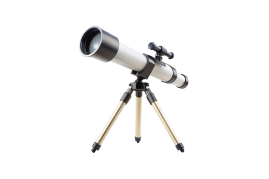 White telescope with black accents on golden tripod, equipped with finder scope for professional astronomical viewing experiences, isolated on a transparent background
