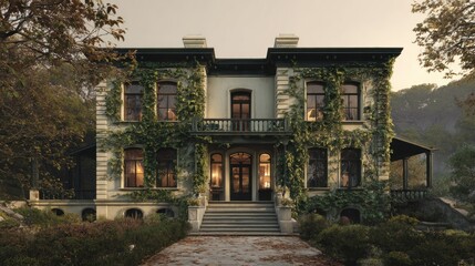 Ivy-Covered Mansion at Dusk