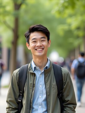 Asian male student with backpack smiling