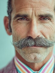 Portrait of a Handsome Man with Impressive Groomed Moustache on Bright Background – Stylish Male Model with Facial Hair, Copy Space