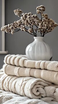 Stack of soft cashmere sweaters and a vase with flowers on a table