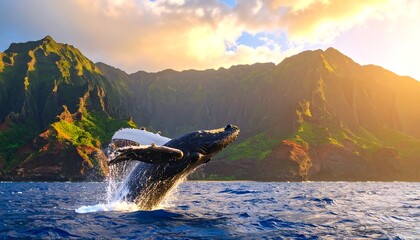 Humpback Whale Breaching with Sunset Coast.