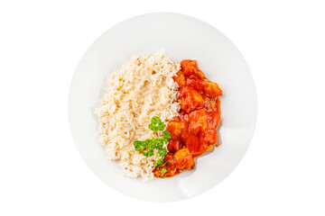 Rice butter chicken curry chicken tikka masala spicy meat in a bowl on the table fresh tasty gourmet food background on rustic food top view copy space