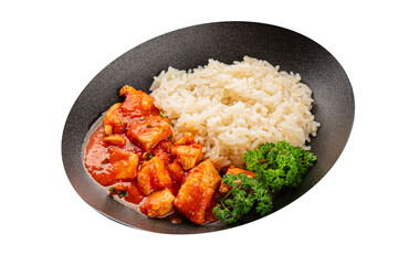 Rice butter chicken curry chicken tikka masala spicy meat in a bowl on the table fresh tasty gourmet food background on rustic food top view copy space