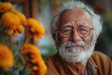 An elderly man with a beard smiling warmly, framed by vibrant yellow flowers, conveying wisdom, kindness, and joy, encapsulating the beauty of life's later years in a heartfelt moment.