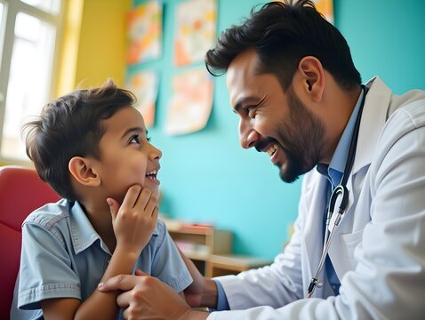 A South Asian male doctor attentively talking to a young boy during a medical check-up in a vibrant, child-friendly environment.