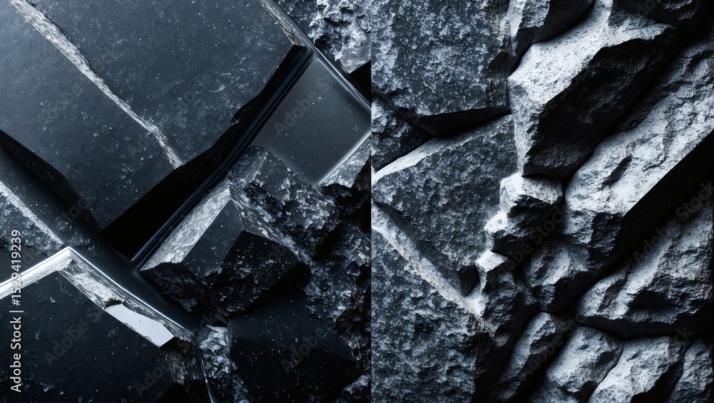 Poster An abstract view of various dark stones with striking textures and rough surfaces, creating a complex and intriguing pattern