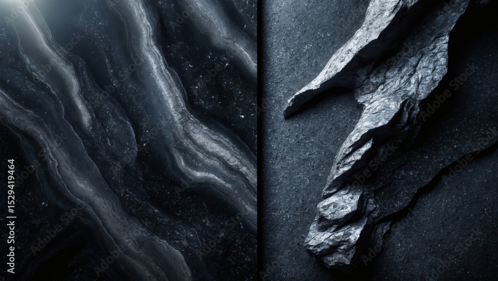Poster Dark and abstract stone textures with natural patterns. A blend of natural stone elements in a monochromatic tone with a contrast between light and dark. The textures vary from smooth to rough.