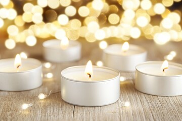 Several small, white tea light candles, lit, sit on a light beige wooden surface, with warm golden bokeh lights in the background