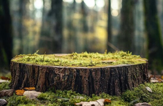 Close-up photo of a moss-covered stump podium with a forest background
