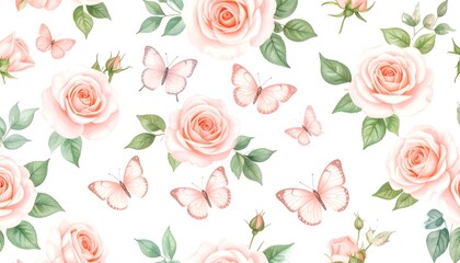 Pastel Roses  Butterflies Pattern.