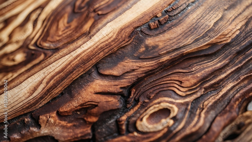 Poster an abstract close-up of a piece of natural wood, showing intricate grain patterns and rich textures