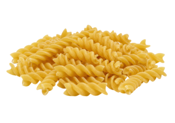 Twisted Fusilli Pasta Pile on White Background with Culinary Ingredients Nearby