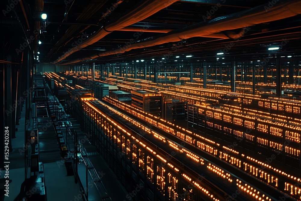 Poster wide-angle view of a vast server hub illuminated by led lights.