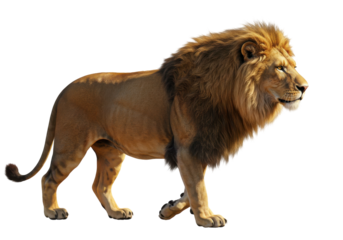 Majestic lion walking through a savannah landscape under a bright sky, showcasing its power