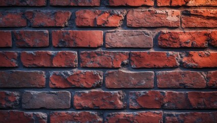 Obraz premium Red brick wall texture, rustic and aged brickwork. The bricks have a varied color palette ranging from deep reds to dark browns.