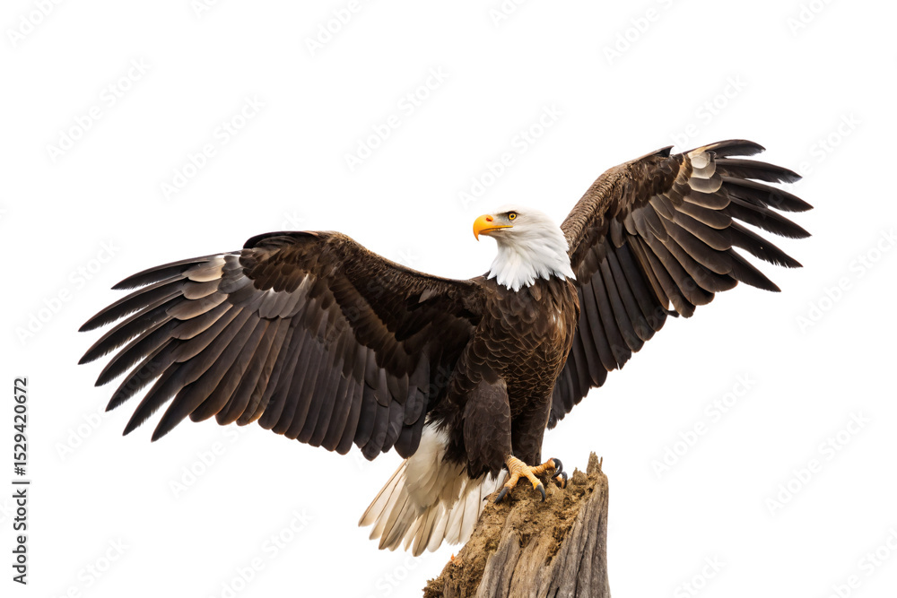 Poster majestic bald eagle with spread wings landing on dead tree branch displaying powerful flight feather