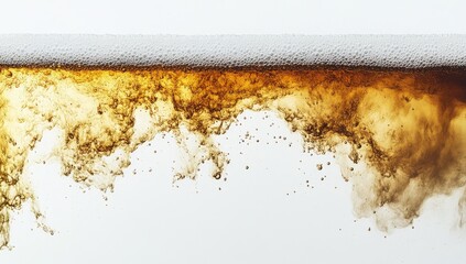 Foamy, amber liquid spills, bubbly texture