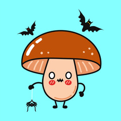 Cartoon Mushroom holding spider on string with two bats flying in the background celebrating halloween