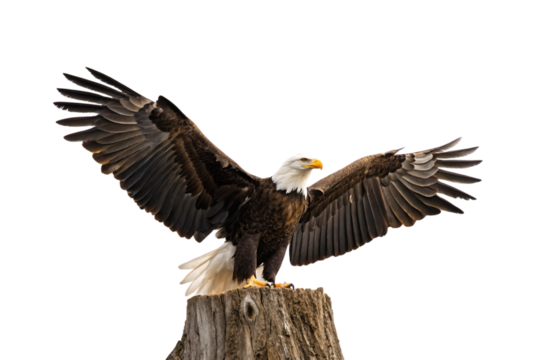 American bald eagle with fully extended wingspan preparing to land on rough wooden tree stump, isolated on a transparent background